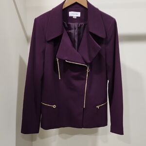 Calvin Klein Deep Plum Asymmetric Zip Blazer with Gold Hardware
